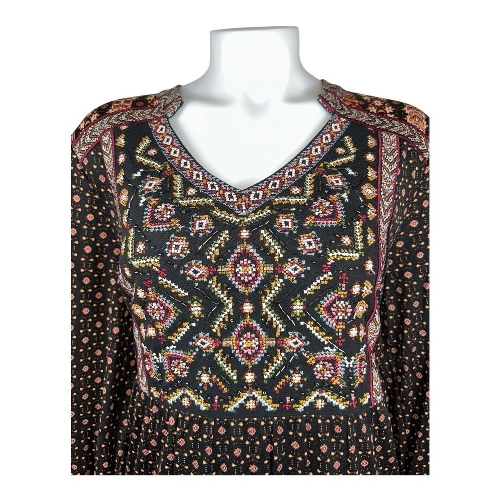 Style & Co Black Brown Boho Embroidered Beaded Floral Nylon Mesh Tiered Dress PL
